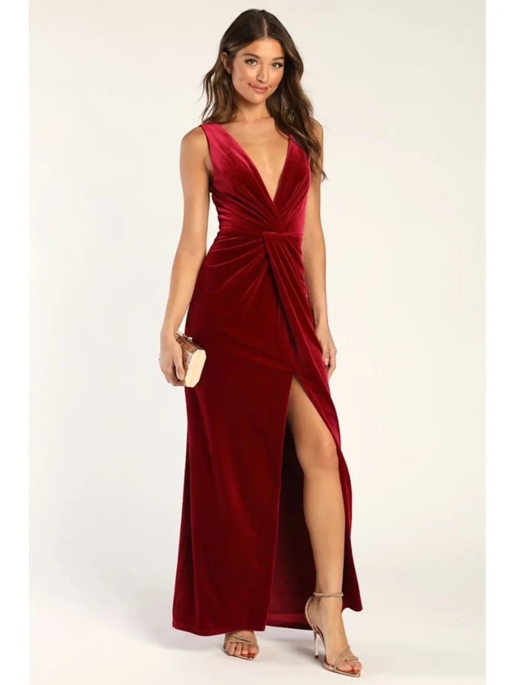 Lulus Evenings Wine Red Velvet Twist-Front Maxi Dress Long Gown M Velour Wedding